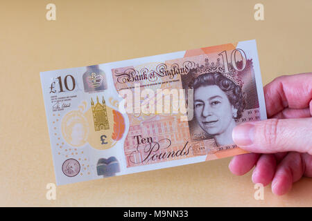 2017 new plastic polymer British sterling ten pound note, UK Stock Photo