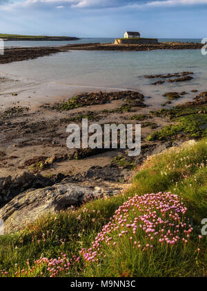 St. Cwyfans Church, the Little Church in the Sea, sits on the small island of Cribinau in Porth Cwyfan Bay, Anglesey, North Wales, UK Stock Photo