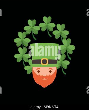 irish leprechaun face and decorative wreath of clovers over black background, colorful design. vector illustration Stock Vector