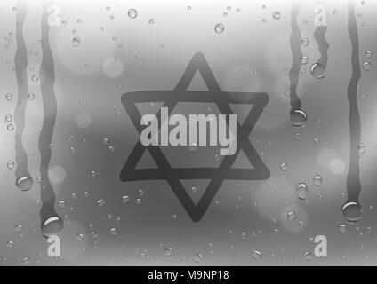 Finger draw star of David sign on rain gray background. Water hand writing religious symbol on glass surface Stock Vector