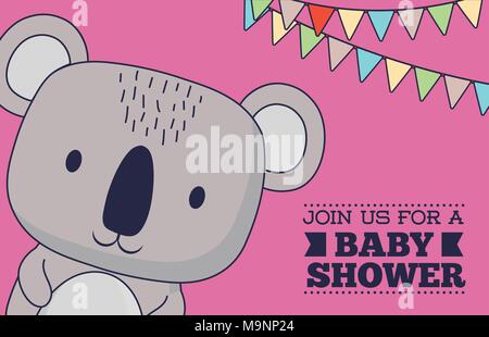 Baby shower invitation design with cute koala and decorative pennants over pink background, colorful design. vector illustration Stock Vector