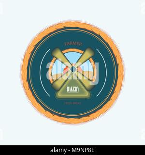 Vector logo with a picture of a mill and wheat. Emblem for bakery and bread shops. Bakery, always fresh bread. Stock Vector
