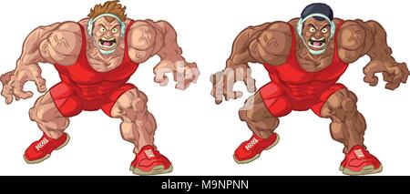 Vector cartoon clip art illustration of tough mean intimidating Caucasian and African American wrestler mascots couching and wearing singlets. Stock Vector