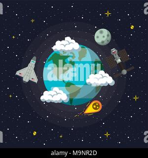 Spaceship flying around earth Stock Vector