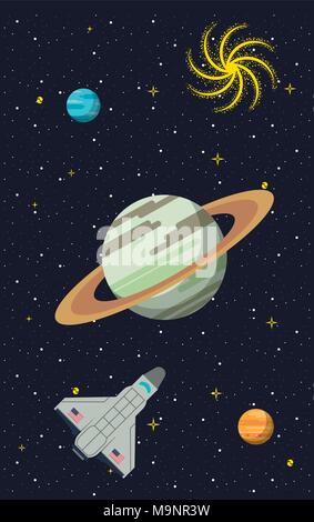 Spaceship flying around saturn Stock Vector