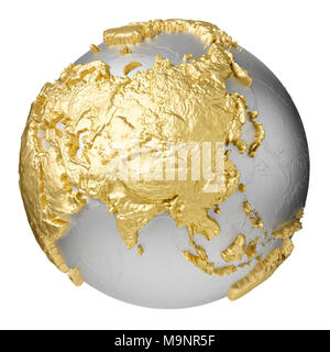 Gold, silver globe model without water. Asia. 3d rendering isolated on white background. Elements of this image furnished by NASA Stock Photo