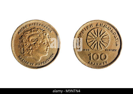 front and back of an old greek coin of a hundred drachmas isolated on white background Stock Photo