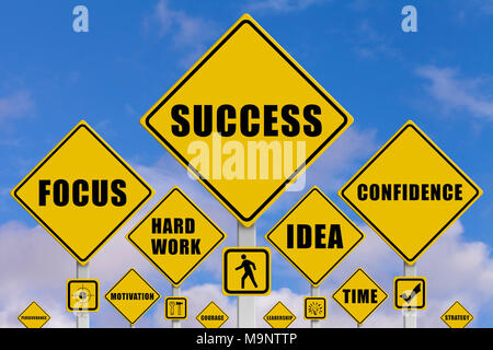 Signals with the keys to obtain success in business with sky on background. 3d illustration. Stock Photo