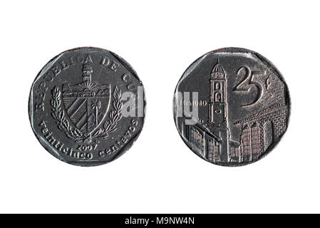 front and back of twenty-five cents cuban coin on white background Stock Photo