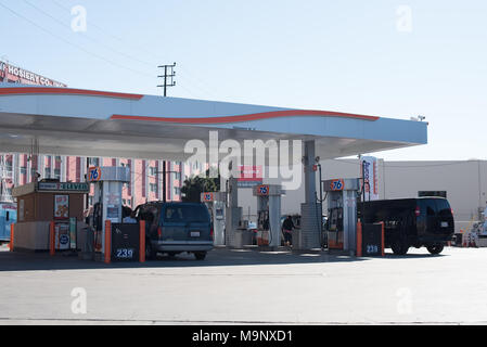 LOS ANGELES, CA - March 15, 2018: View of gas station with cars in Downtown of Los Angeles on March 15, 2018, Los Angeles, CA Stock Photo
