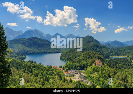 View from Neuschwanstein castle to the Alpsee lake and Schwansee with the castle Hohenschwangau Stock Photo