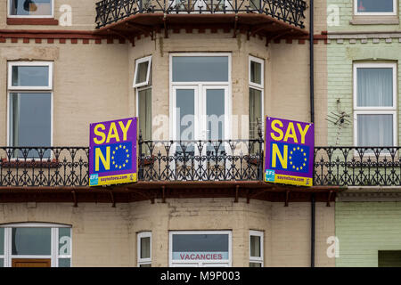 Redcar, Redcar and Cleveland, England, UK - May 13, 2016: 'Say No', Brexit campaign placards on the balcony of a house Stock Photo