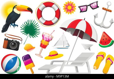 Nautical Summer set. Marine vacation on the beach. Tropical plants and birds, camera and anchor, ice cream and milkshake, deckchair, toucan and parrot. retro travel. vintage holiday at sea. Stock Vector