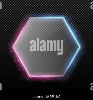 Transparent hexagonal glass banner with purple and blue backlight and glowing lights. Neon lights. Clear glass with radiance. Transparent background.  Stock Vector