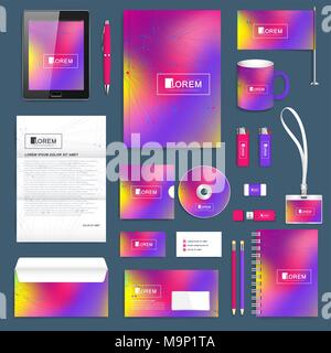 Business set of vector corporate identity template. Modern stationery mock-up. Abstract fluid 3d shapes vector trendy liquid colors background. Colored fluid graphic composition. Branding design. Stock Vector