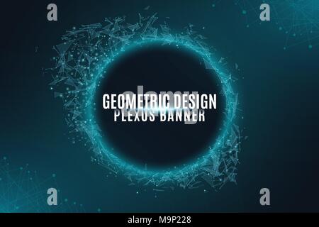 Geometric plexus banner of flying geometric particles on a black background. Connected triangular elements. Scientific background for your design. Vec Stock Vector