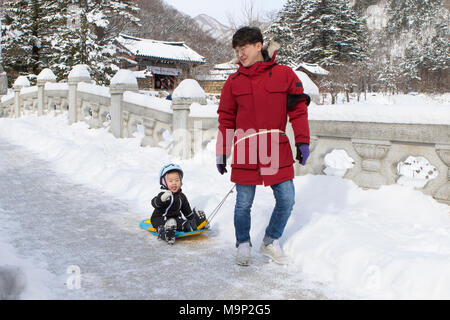 A father is towing his child on a sled over a stone bridge in the snowy forest of Seoraksan National Park, Gangwon-do, South Korea. In the background a Buddhist temple. Seoraksan is a beautiful and iconic National Park in the mountains near Sokcho in the Gangwon-do region of South Korea. The name refers to Snowy Crags Mountains. Set against the landscape are two Buddhist temples: Sinheung-sa and Beakdam-sa. This region is hosting the winter Olympics in February 2018. Stock Photo