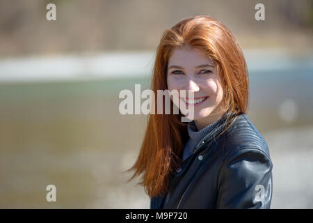 Portrait, young woman, girl, teenager with long red hair, Bavaria, Germany Stock Photo