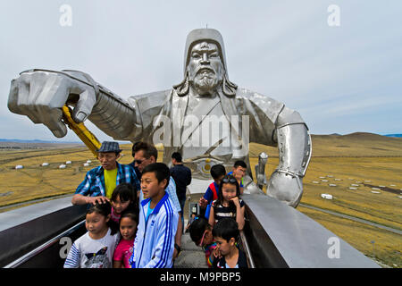 Visitors on the observation platform in the horse's head, equestrian statue of Genghis Khan, Genghis Khan Theme Park Stock Photo