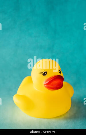 Yellow rubber duck toy on blue background with copy space
