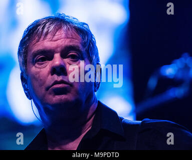 JJ Burnel, bassist of The Stranglers performing live, close-up, G Live, Guildford, UK, 26 March 2018. Stock Photo