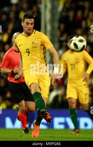 Fulham, London, UK. 27th March, 2018. Tomi Juric of Australia in action. Football International friendly, Columbia v Australia at Craven Cottage in Fulham, London on Tuesday 27th March 2018.  Editorial Use Only pic by Steffan Bowen/Andrew Orchard sports photography/Alamy Live news Stock Photo