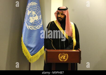 UN, New York, USA. 27th March, 2018. UN Sec-Gen Antonio Guterres accepted $930 million check from Saudi Crown Prince Mohammed bin Salman for Yemen, amid bombing. Photo: Matthew Russell Lee / Inner City Press Credit: Matthew Russell Lee/Alamy Live News Stock Photo