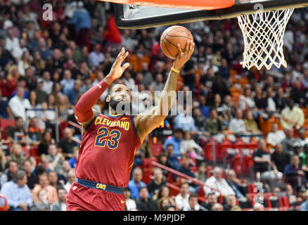 Miami, Florida, USA. 27th Mar, 2018. Cleveland Cavaliers forward LeBron James (23) goes for a layupduring the first half of game between the Miami Heat and the Cleveland Cavaliers at American Airlines Arena in Miami, Fla., on Tuesday, March 27, 2018. Credit: Andres Leiva/The Palm Beach Post/ZUMA Wire/Alamy Live News Stock Photo