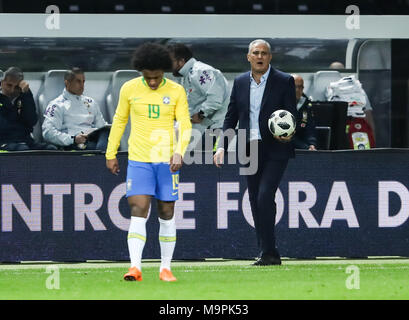 Berlin, Germany. 27th Mar, 2018. Brazil's head coach Tite reacts during a friendly match between Germany and Brazil, in Berlin, capital of Germany, on March 27, 2018. Brazil won 1-0. Credit: Shan Yuqi/Xinhua/Alamy Live News Stock Photo