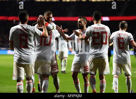 Madrid. 28th Mar, 2018. Players of Spain celebrate during a friendly soccer match between Spain and Argentina at Wanda Metropolitano Stadium in Madrid, Spain, on March, 27, 2018. Spain won 6-1. Credit: Guo Qiuda/Xinhua/Alamy Live News Stock Photo