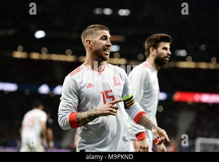 Madrid. 28th Mar, 2018. Spain's Sergio Ramos reacts during a friendly soccer match between Spain and Argentina at Wanda Metropolitano Stadium in Madrid, Spain, on March, 27, 2018. Spain won 6-1. Credit: Guo Qiuda/Xinhua/Alamy Live News Stock Photo