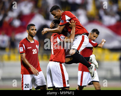 Doha, Qatar. 27th Mar, 2018. Yemen players celebrate after winning the AFC  Asian Cup UAE 2019 Qualifiers Final Round Group F soccer match between Yemen  and Nepal at Suheim Bin Hamad Stadium