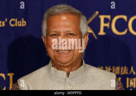 Nobel Peace Prize (2006) laureate Muhammad Yunus attends a news conference at the Foreign Correspondents' Club of Japan on Mach 28, 2018, Tokyo, Japan. Yunus and Yoshimoto Kogyo Co. (a leading Japanese entertainment group) announced that they will be launching a new social business company Yunus-Yoshimoto Social Action to help to solve social problems such as declining birthrate and depopulation of rural areas throughout Japan with the help of local entertainers. (Photo by Rodrigo Reyes Marin/AFLO) Stock Photo