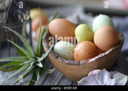 Colorful Easter eggs in a wooden bowl Stock Photo