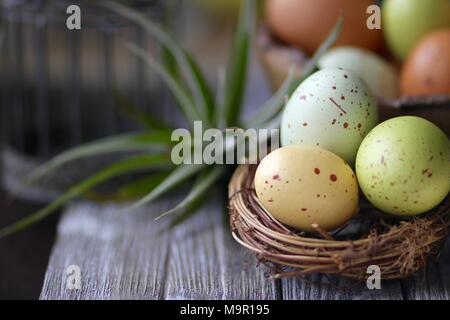 Colorful Easter eggs in a wooden bowl Stock Photo