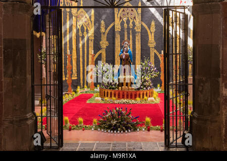 An altar celebrating El Viernes de Dolores during Holy Week March 23, 2018 in San Miguel de Allende, Mexico. The event honors the sorrow of the Virgin Mary for the death of her son and is an annual tradition in central Mexico. Stock Photo