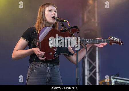 The German band Gurr with singer Andreya Casablanca and guitarist Laura Le Jenkins live at the 25th Blue Balls Festival in Stock Photo