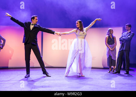 The leading actors Christian Sollberger as Julian and Maren Kern as Laura at the musical 95 - Ninety-Five live at Le Théâtre Stock Photo