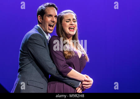 The leading actors Christian Sollberger as Julian and Maren Kern as Laura at the musical 95 - Ninety-Five live at Le Théâtre Stock Photo