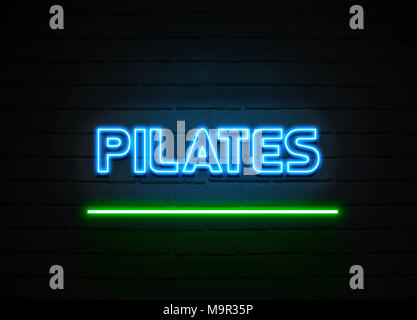Pilates neon sign - Glowing Neon Sign on brickwall wall - 3D rendered royalty free stock illustration. Stock Photo