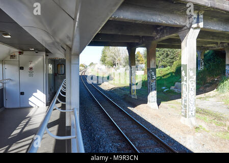 View from a train of graffiti on concrete pillars of a bridge Stock Photo