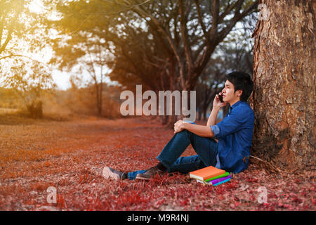 man talking on mobile phone in the park Stock Photo