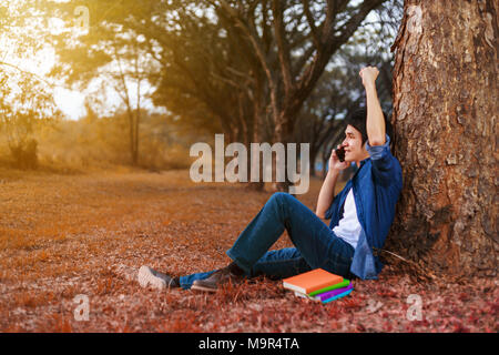 cheerful man talking on mobile phone with hand raised in the park Stock Photo