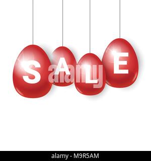 Red Easter Eggs With Sale Signs Hanging On White Background Holiday Shopping Card Design Stock Vector