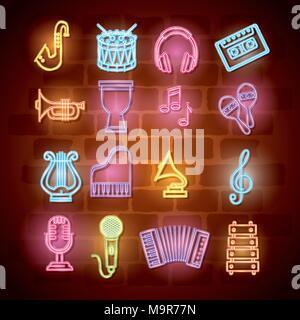 musical instruments with neon lights set icons Stock Vector