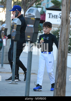 Joel Madden and and his son Sparrow meet Benji Madden for Five Guys in Los Angeles  Featuring: Joel Madden, Sparrow Madden Where: Los Angeles, California, United States When: 24 Feb 2018 Credit: WENN.com Stock Photo