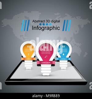 Infographic design. Bulb, Light, digital gadget icon. Stock Vector