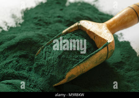Organic spirulina powder. Spirulina is a superfood used as a food supplement source of vitamin protein and beta carotene Stock Photo