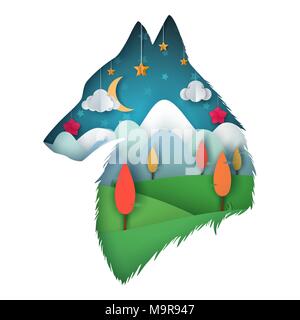 Wolf illustration. Cartoon paper landscape. Stock Vector