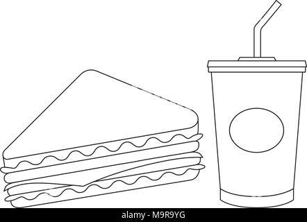 Black and white line art sandwich juise fast food set Stock Vector